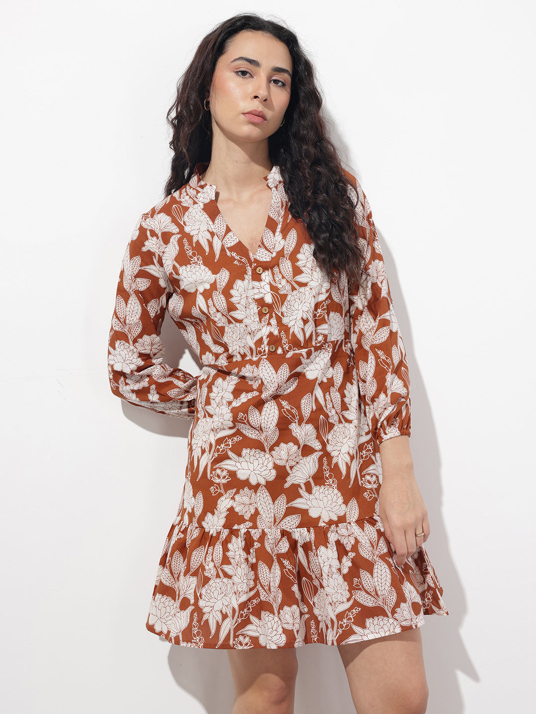 Divena Orange Mandarin Collar Cotton Midi Dress