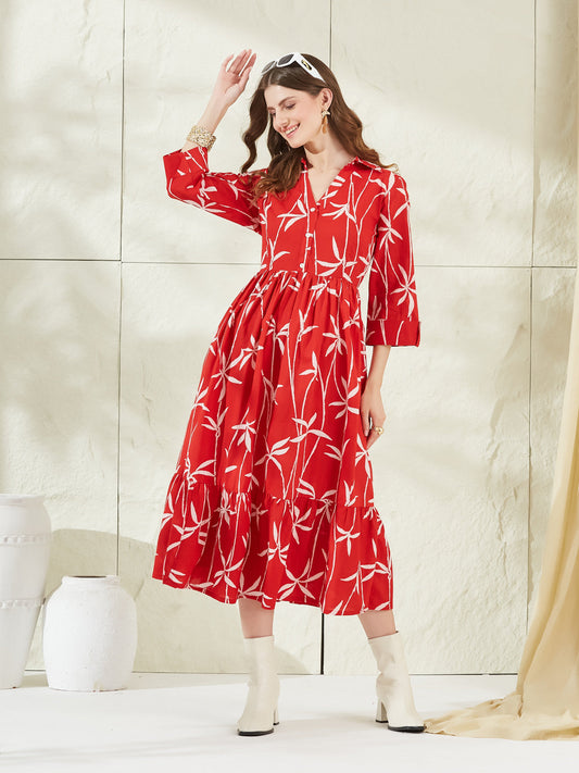 Red Cotton Shirt Coller Midi Dress