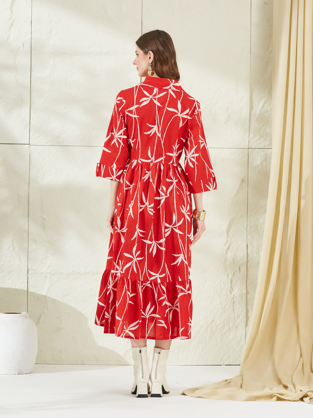 Red Cotton Shirt Coller Midi Dress
