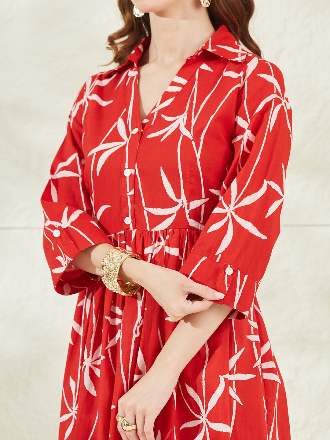 Red Cotton Shirt Coller Midi Dress