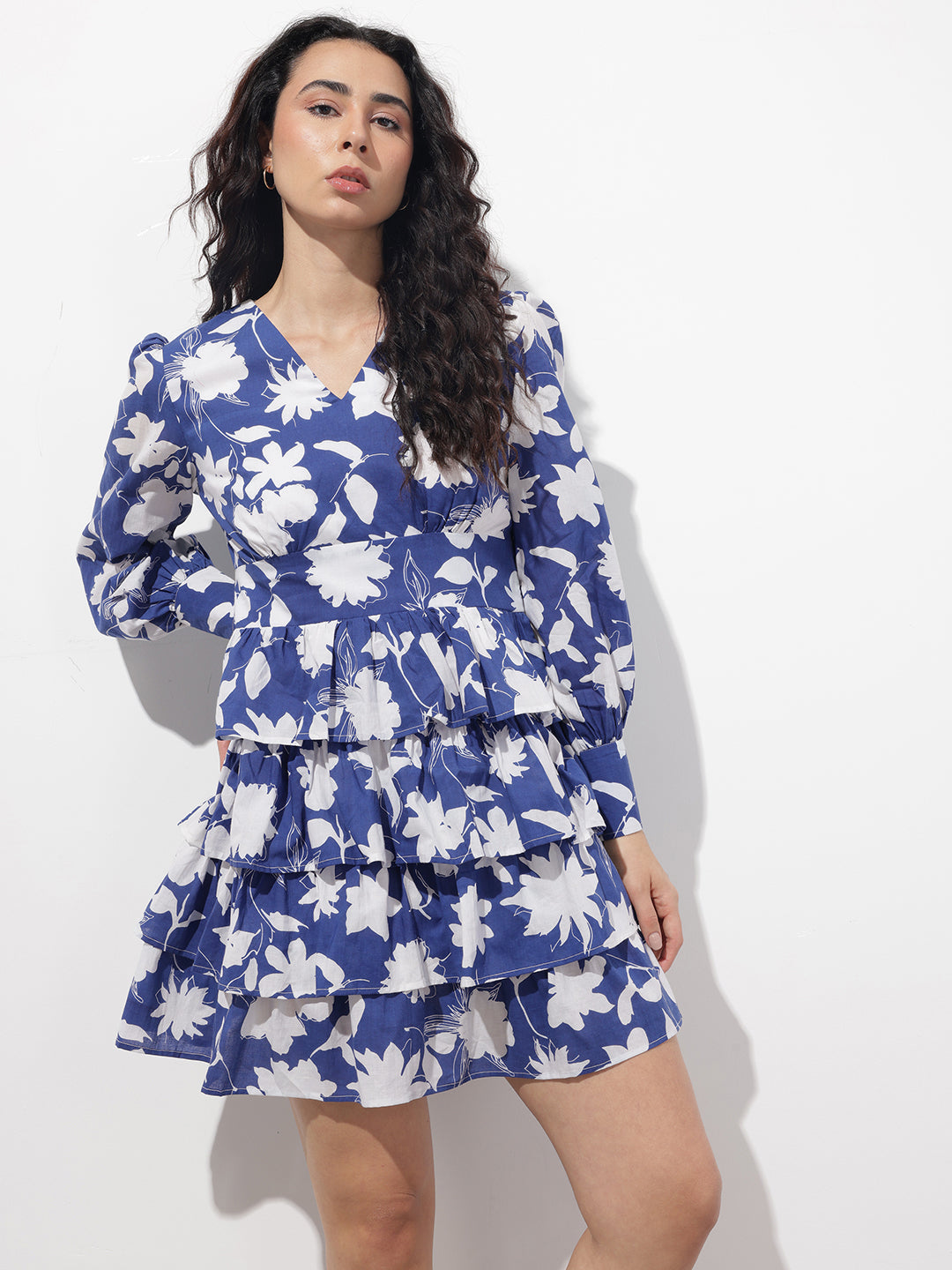 Divena Blue V-Neck Cotton Midi Dress