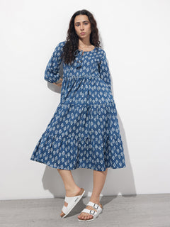 Indigo Tie-up Neck Flared Cotton Dress