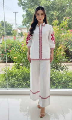 Divena White Solid Pink Embroidary Co-ord Sets