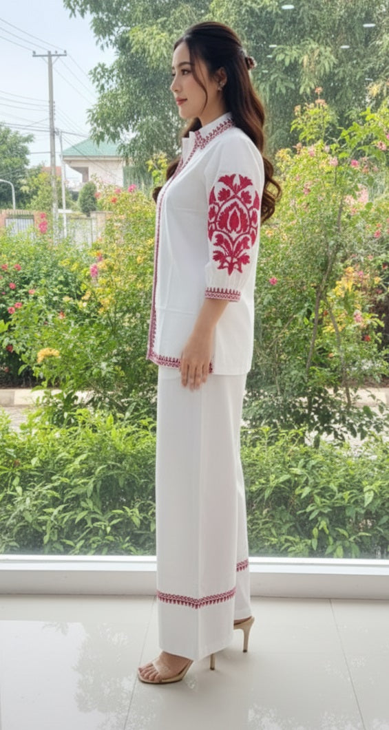 Divena White Solid Pink Embroidary Co-ord Sets