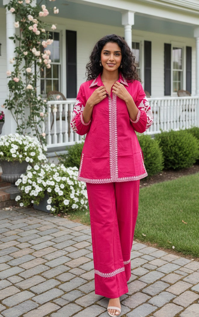 Divena Pink Solid White Embroidary Co-ord Sets