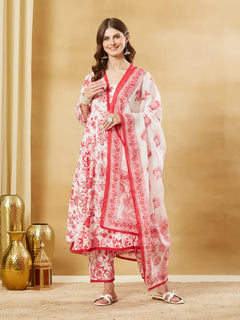 White Floral Cotton Anarkali Kurta Sets With Dupatta