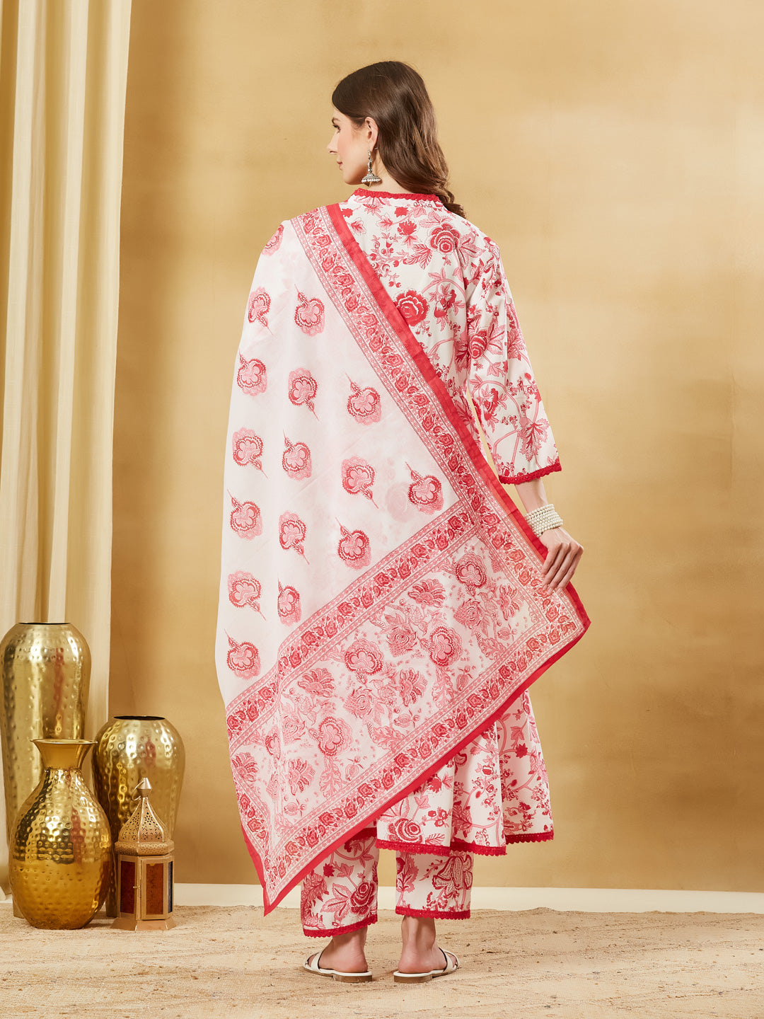White Floral Cotton Anarkali Kurta Sets With Dupatta