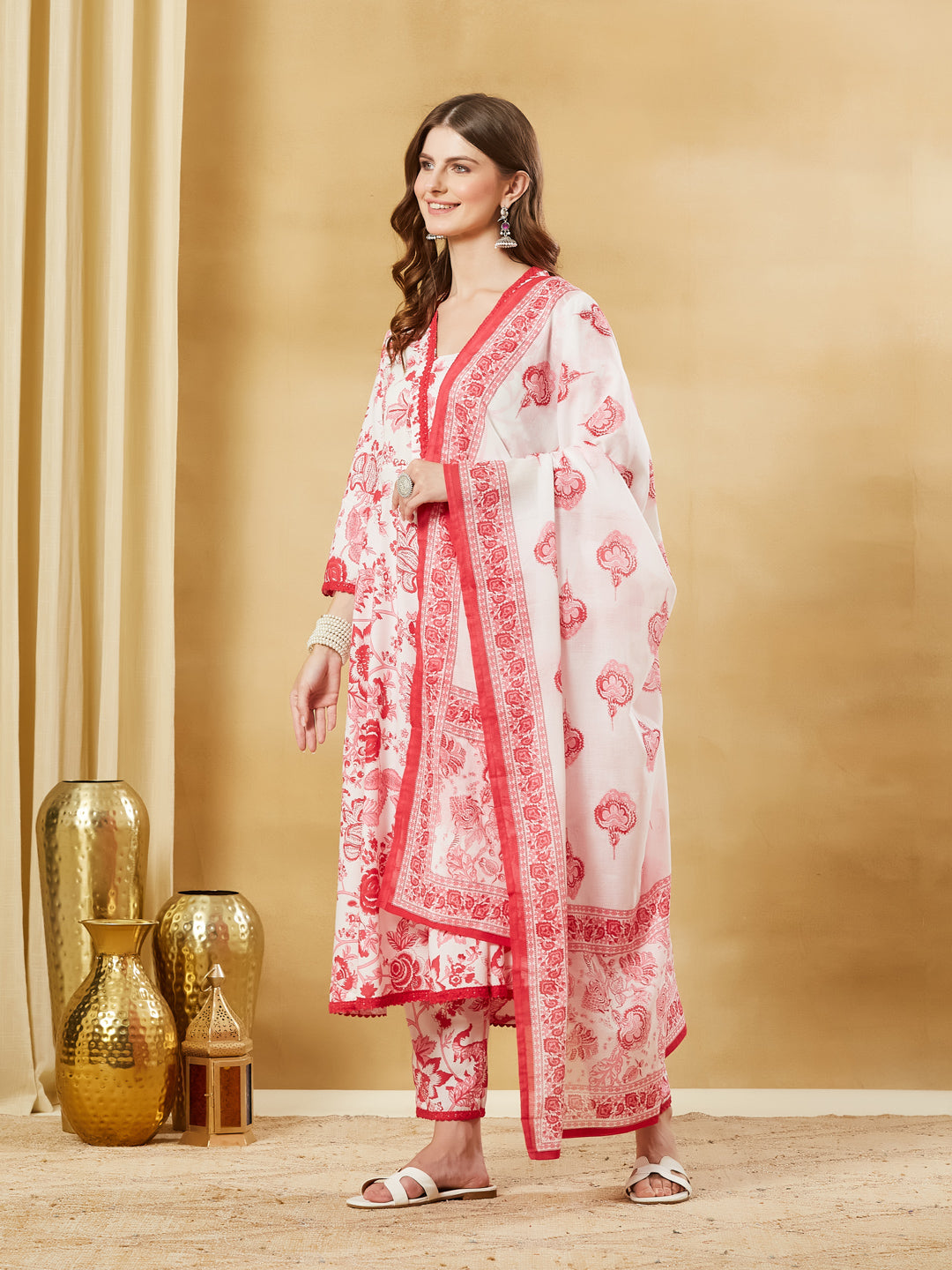White Floral Cotton Anarkali Kurta Sets With Dupatta