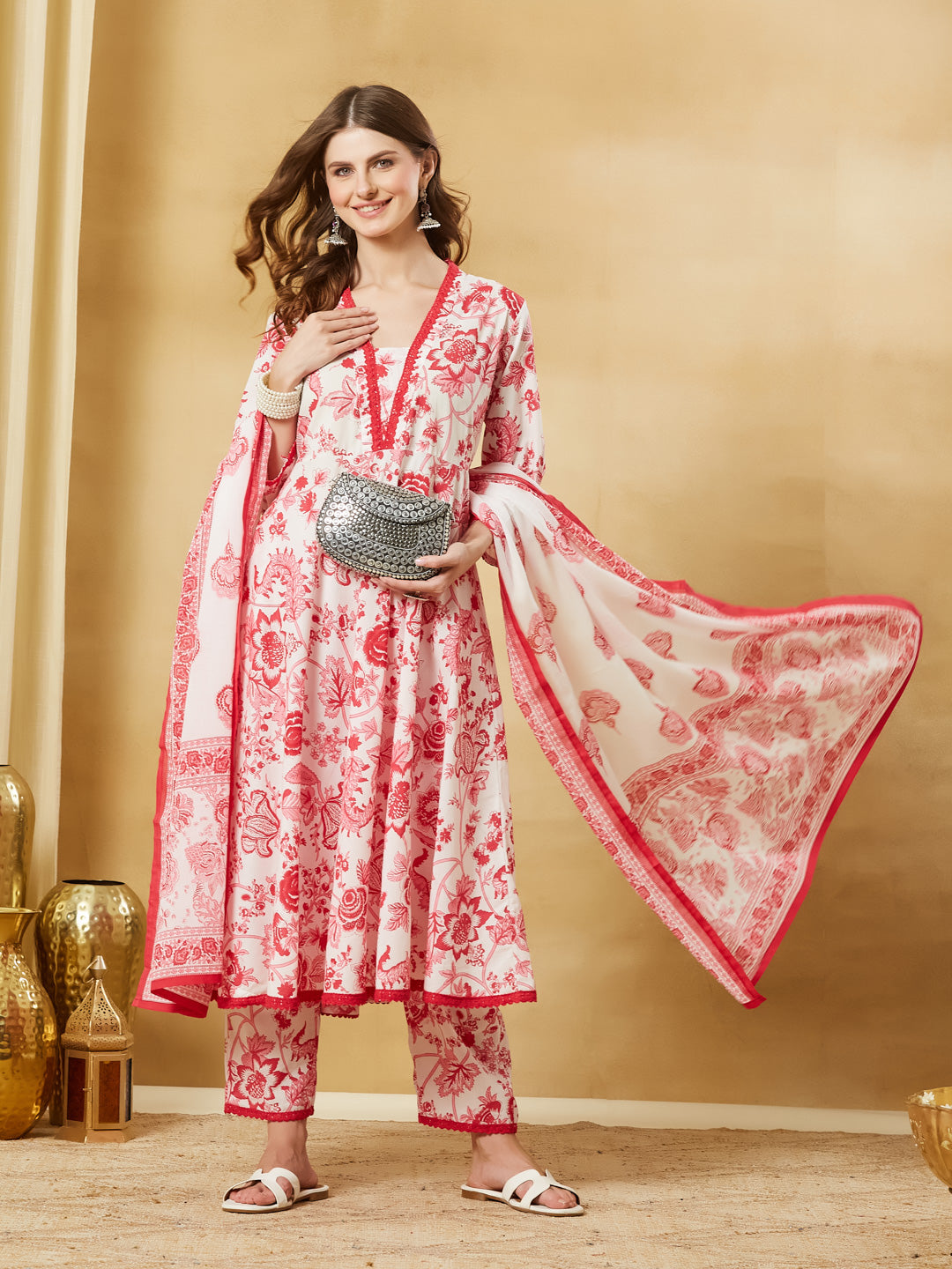 White Floral Cotton Anarkali Kurta Sets With Dupatta