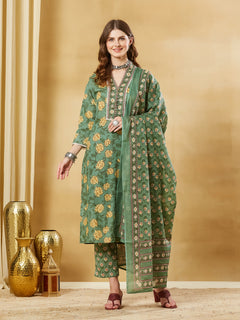 Green Floral Cotton Kurta Sets With Dupatta