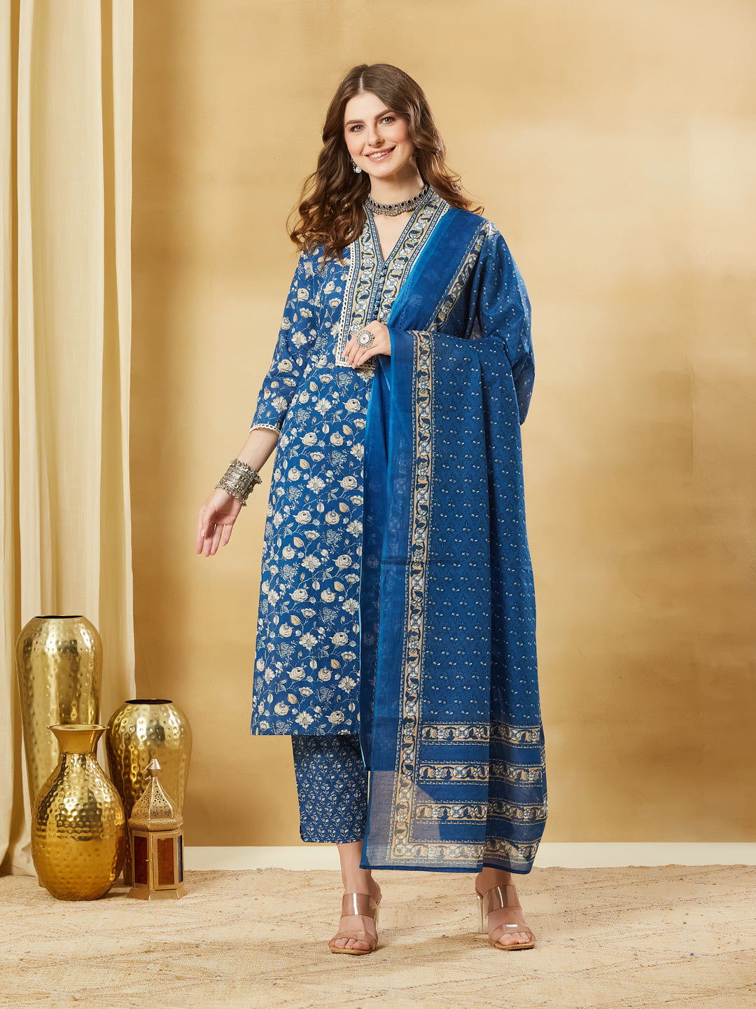 Blue Floral Cotton Kurta Sets With Dupatta
