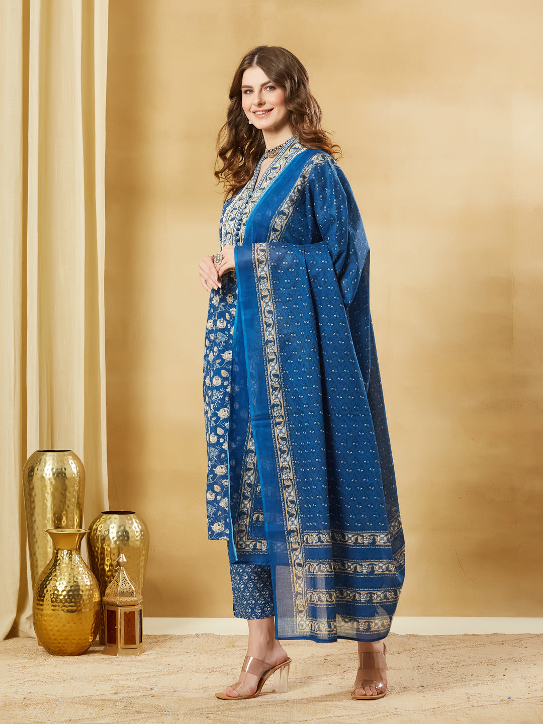 Blue Floral Cotton Kurta Sets With Dupatta