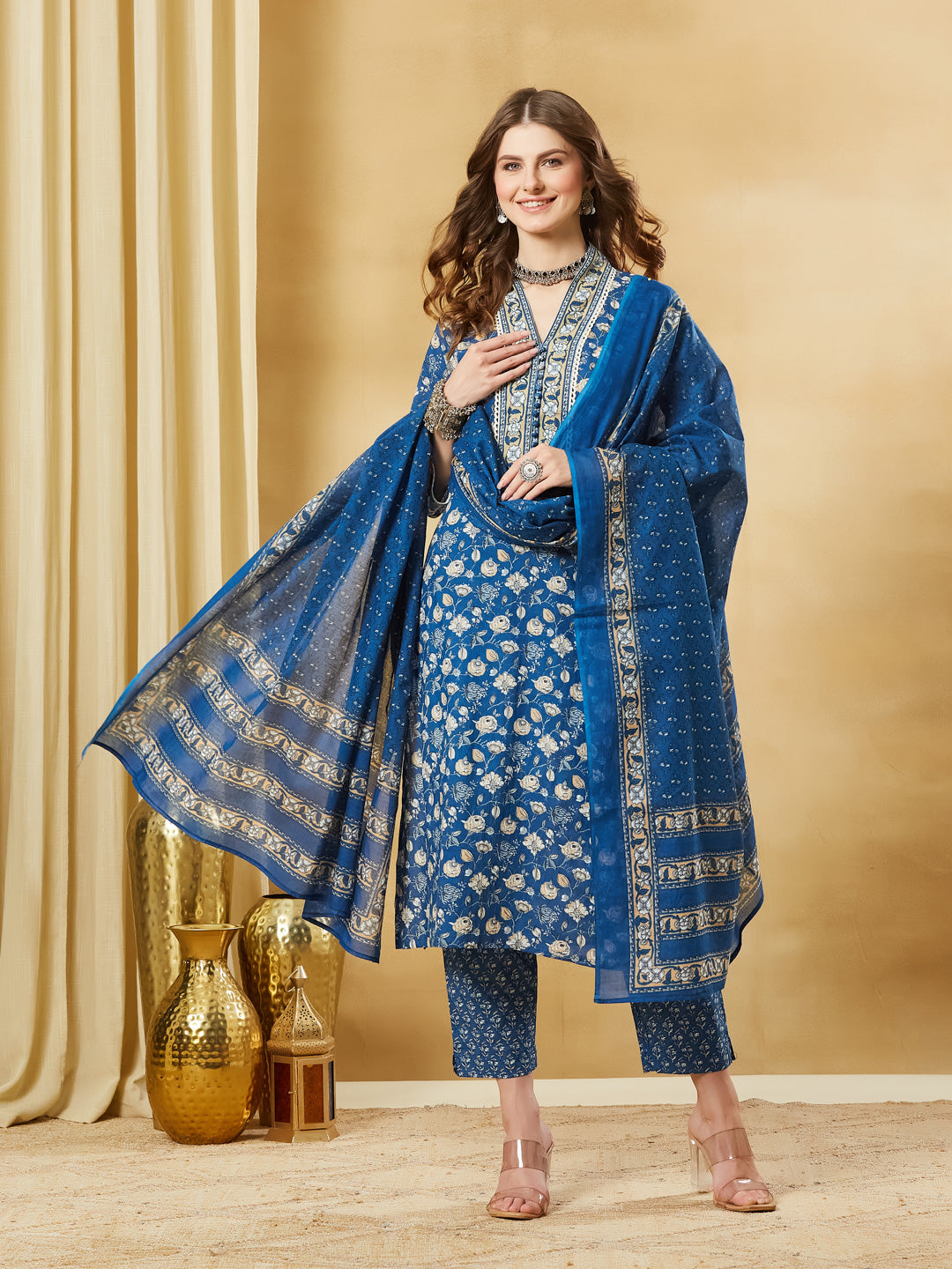 Blue Floral Cotton Kurta Sets With Dupatta