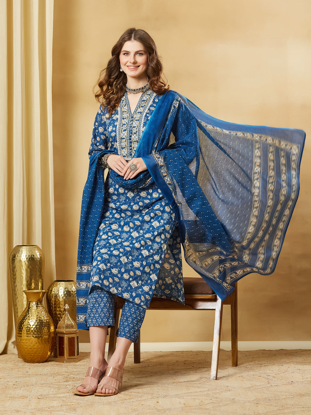 Blue Floral Cotton Kurta Sets With Dupatta