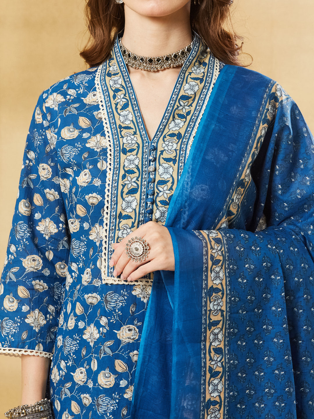 Blue Floral Cotton Kurta Sets With Dupatta