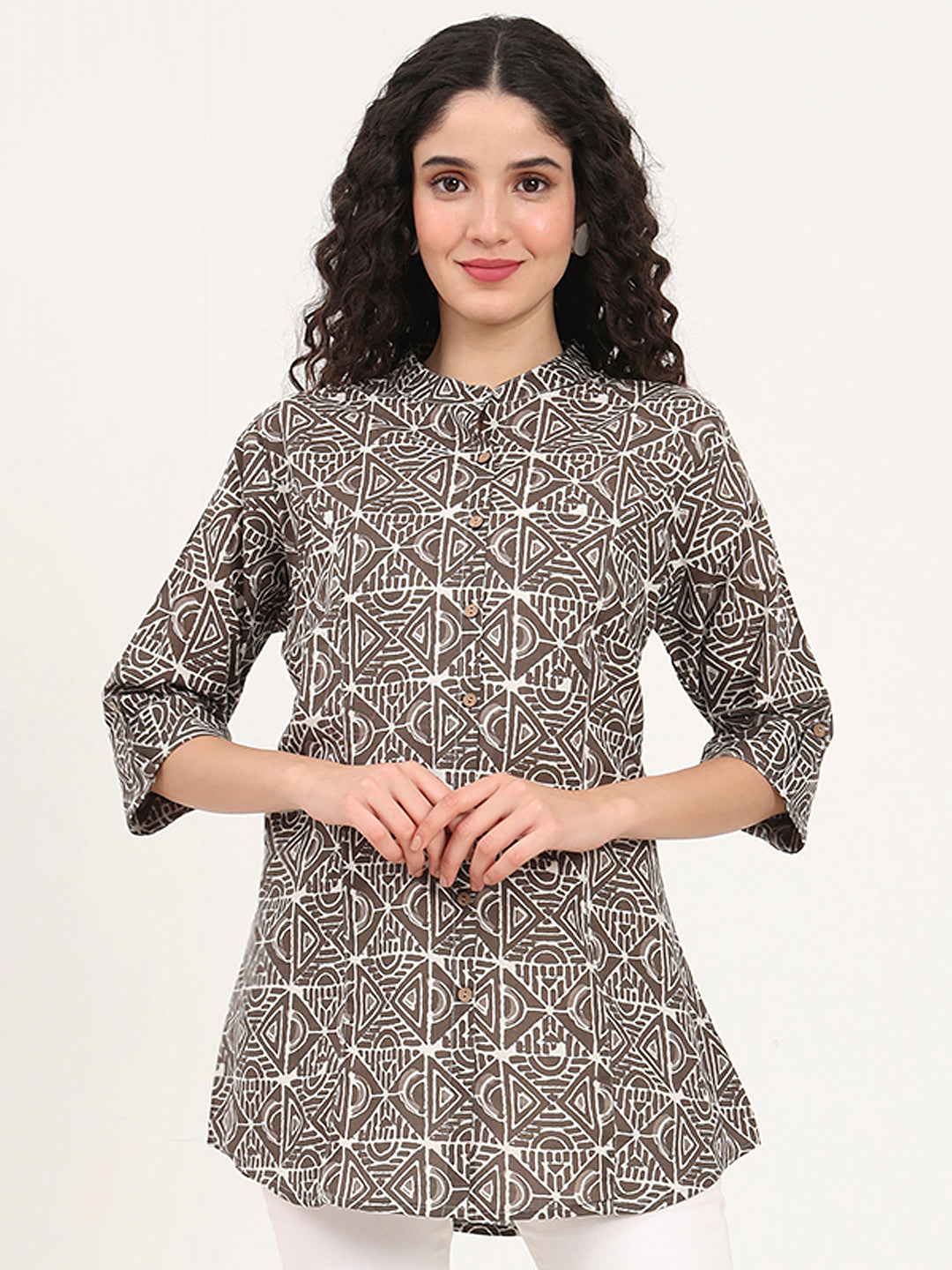Dark Grey Geomatric Printed Cotton Top