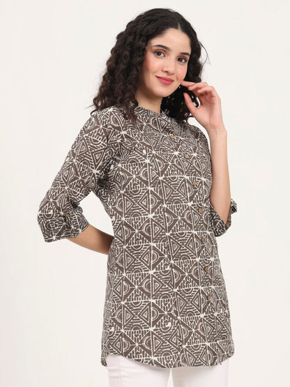 Dark Grey Geomatric Printed Cotton Top