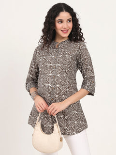 Dark Grey Geomatric Printed Cotton Top