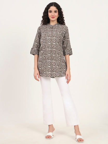 Dark Grey Geomatric Printed Cotton Top