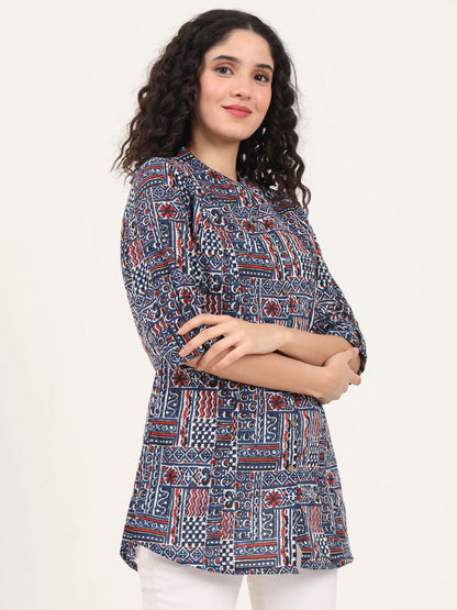 Blue Floral Printed Cotton Top