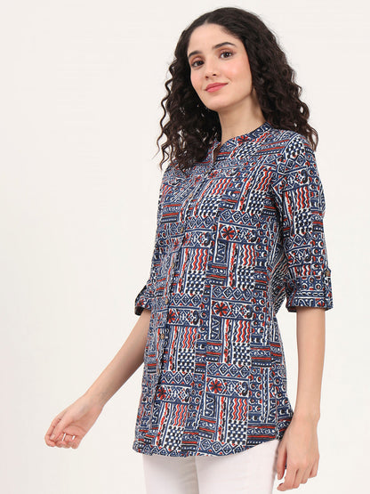Blue Floral Printed Cotton Top