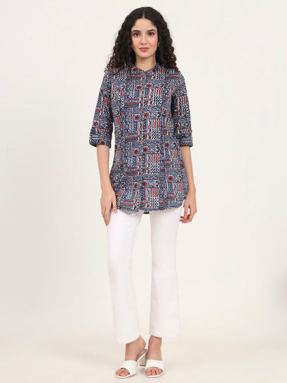 Blue Floral Printed Cotton Top