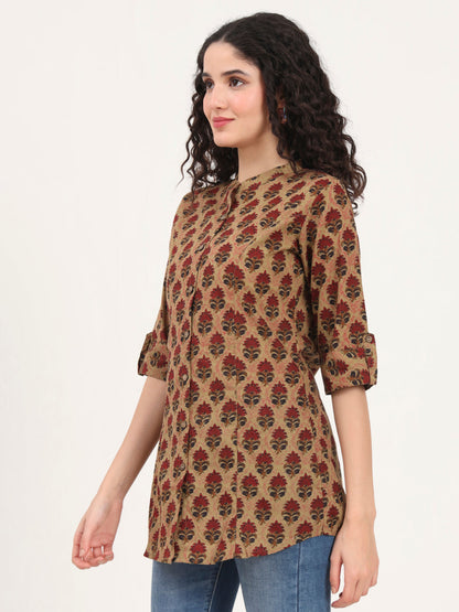 Brown Floral Printed Cotton Top