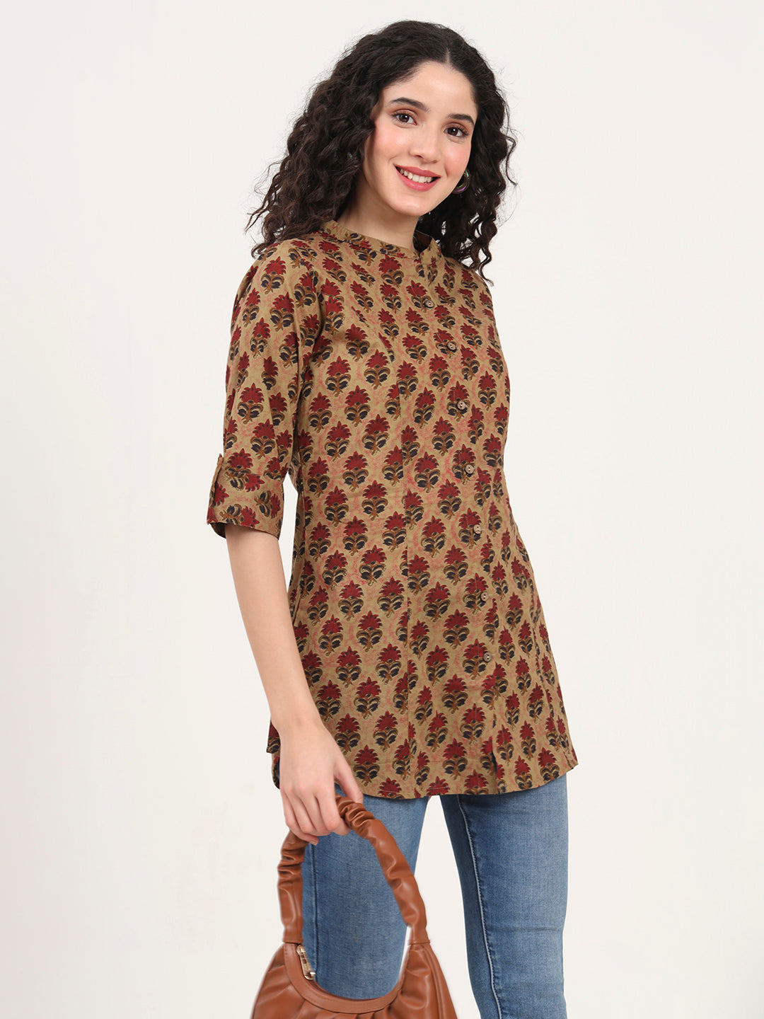Brown Floral Printed Cotton Top