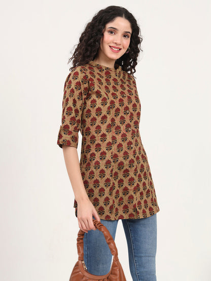 Brown Floral Printed Cotton Top