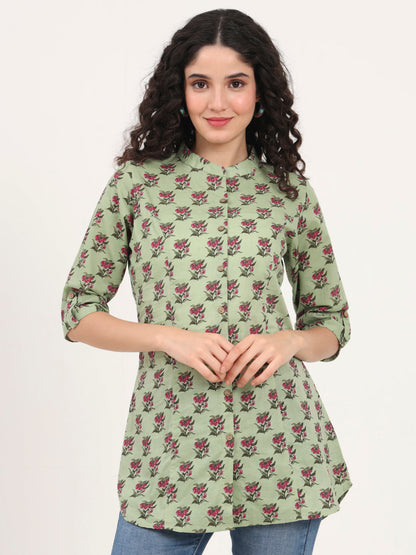 Green Floral Printed Cotton Top