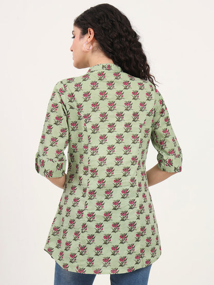 Green Floral Printed Cotton Top