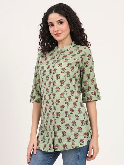 Green Floral Printed Cotton Top