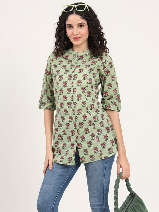 Green Floral Printed Cotton Top
