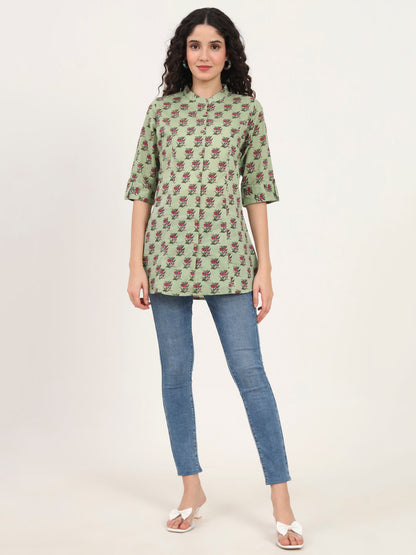 Green Floral Printed Cotton Top