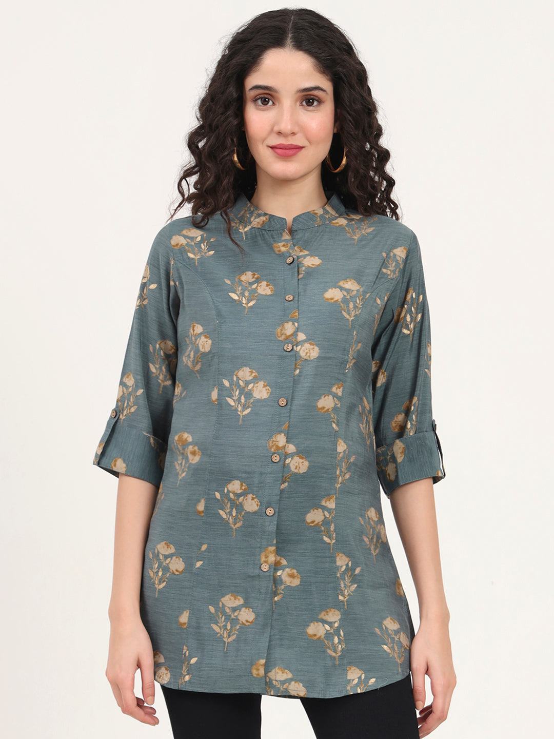 Grey Floral Printed Rayon Top