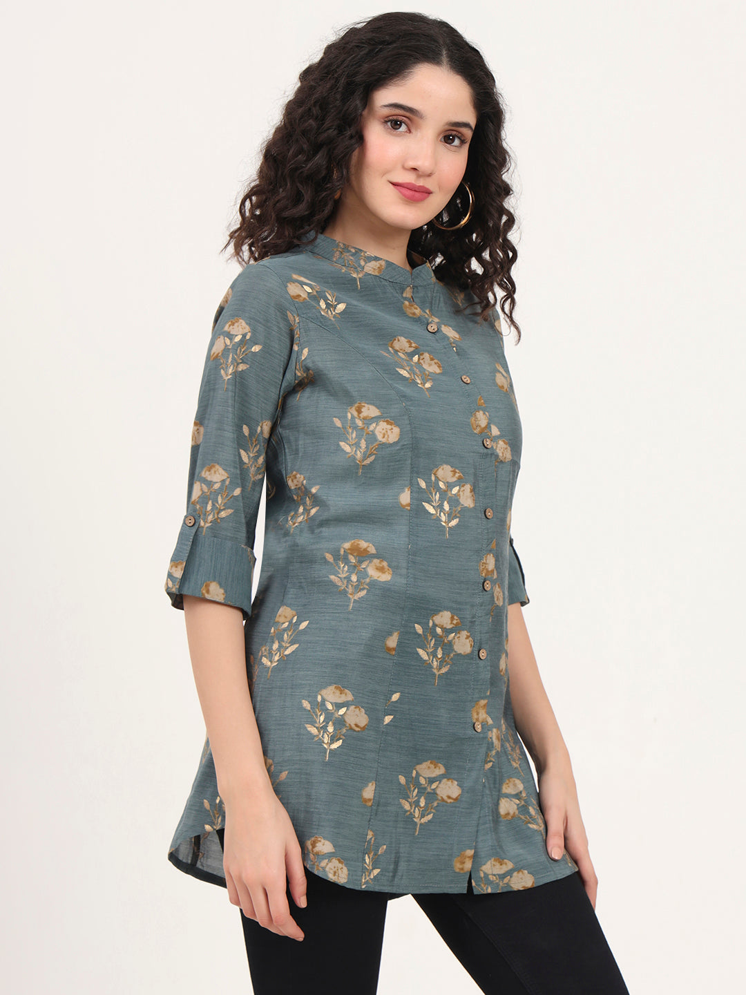 Grey Floral Printed Rayon Top