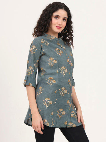 Grey Floral Printed Rayon Top
