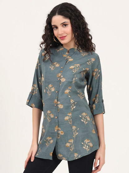 Grey Floral Printed Rayon Top