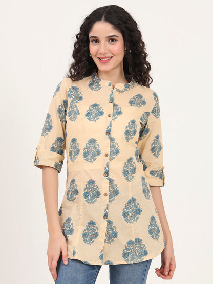 Beige Floral Printed Cotton Top