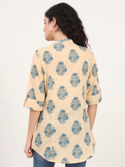 Beige Floral Printed Cotton Top