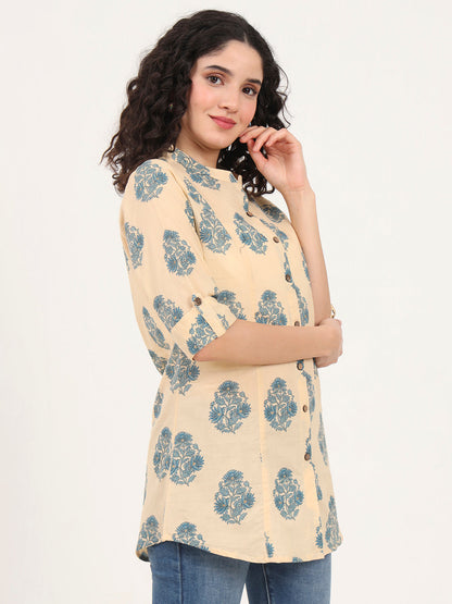 Beige Floral Printed Cotton Top