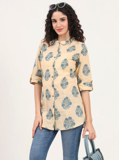 Beige Floral Printed Cotton Top