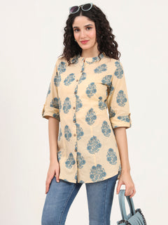Beige Floral Printed Cotton Top