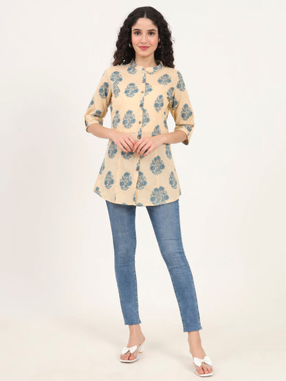 Beige Floral Printed Cotton Top
