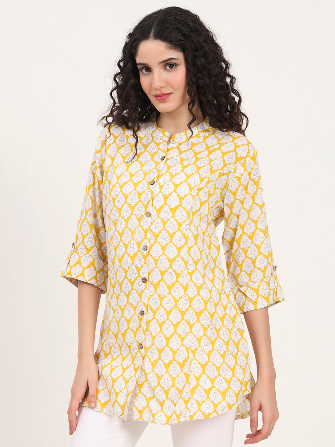 Yellow Floral Printed Rayon Top