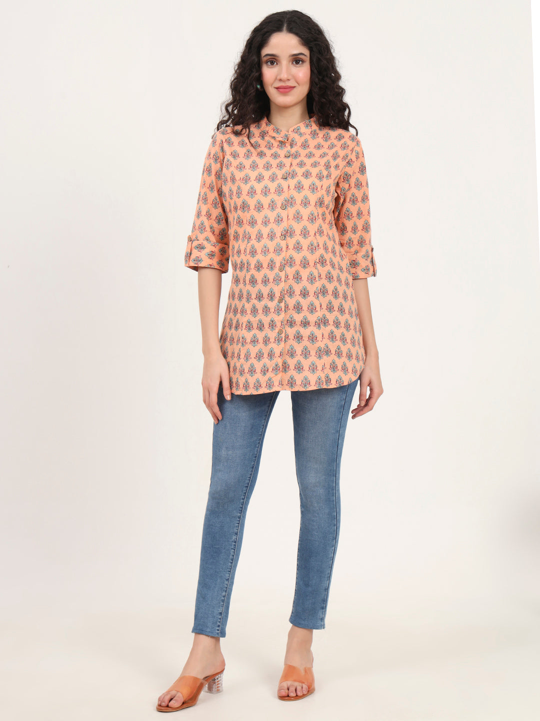 Light Orange Floral Printed Cotton Top