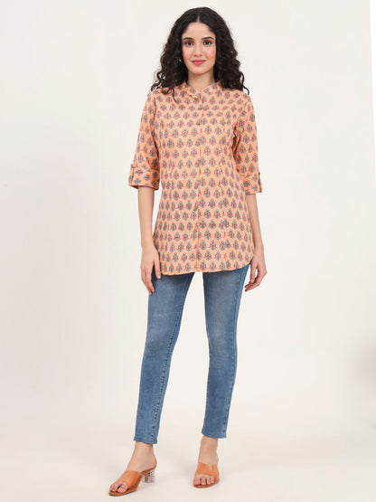 Light Orange Floral Printed Cotton Top