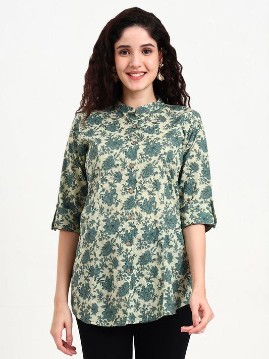 Green Floral Print Cotton Top