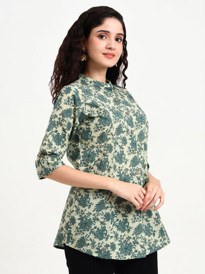Green Floral Print Cotton Top
