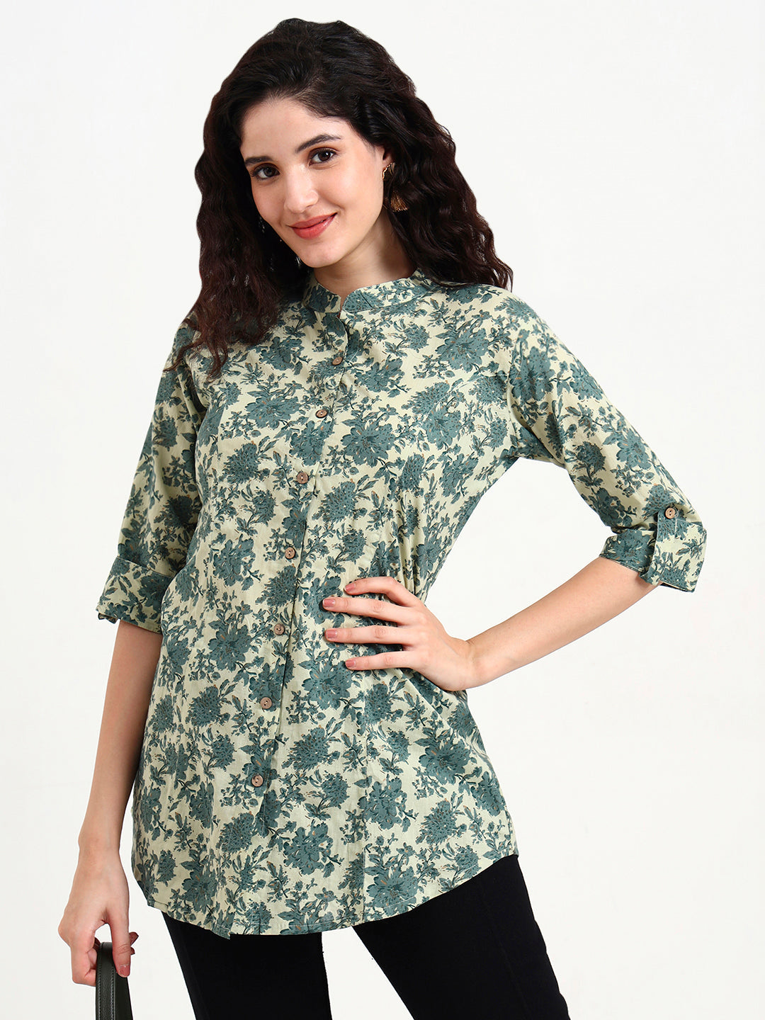 Green Floral Print Cotton Top